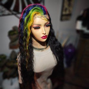 30 inch rainbow stripe curly lace front human hair wig